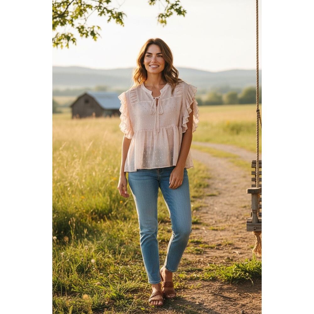 Gauzy Mesh Flowy Cream Gold Corset Tie Top Boho Sleeve Cowgirl Country Size L